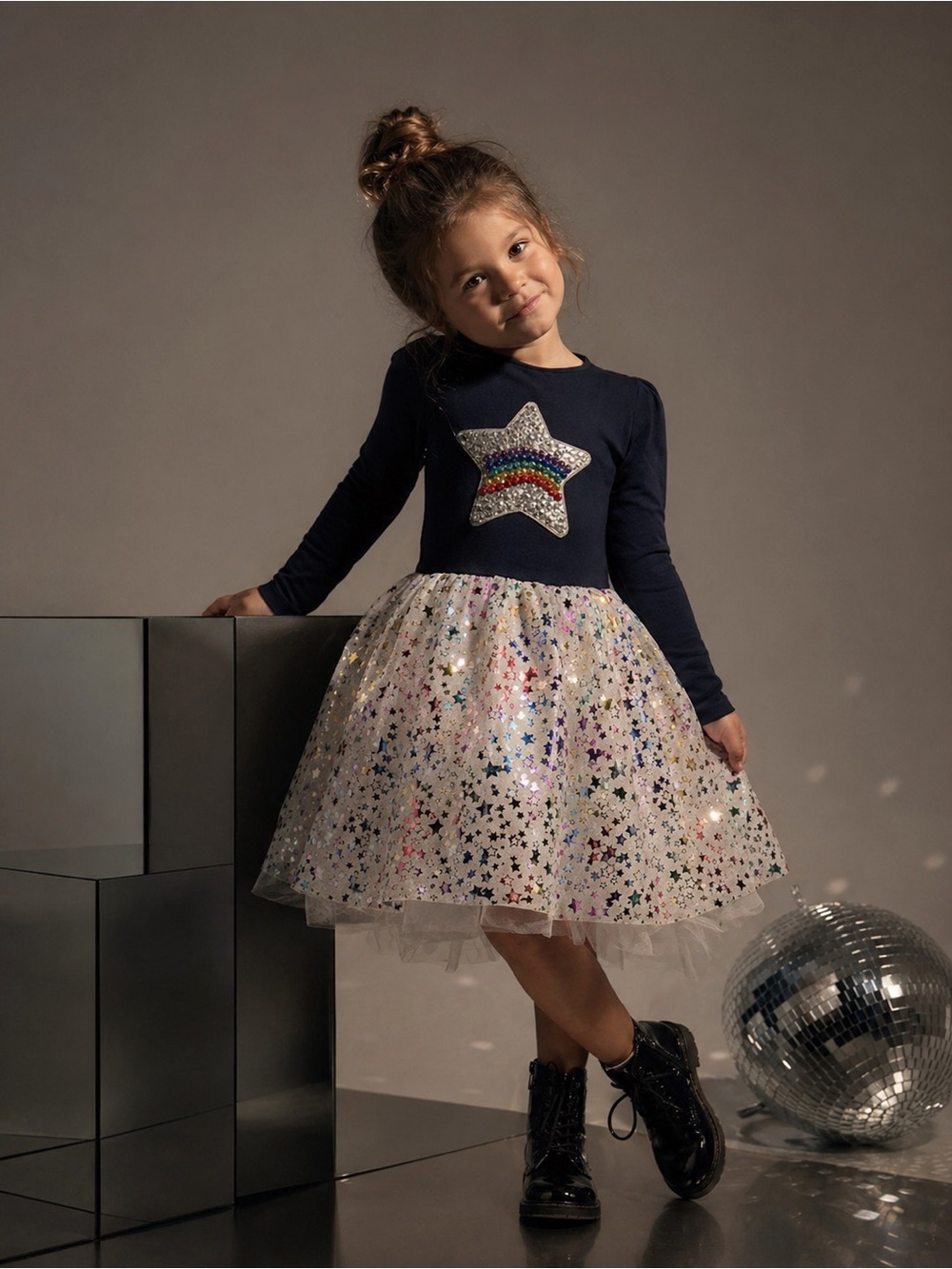 Girls Navy Long Sleeve Rainbow Star Tutu Dress Size 12